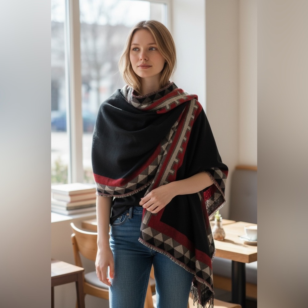 Women's Aztec Tribal Print Warm Acrylic Open Front Wrap ONE SIZE/New With Tag